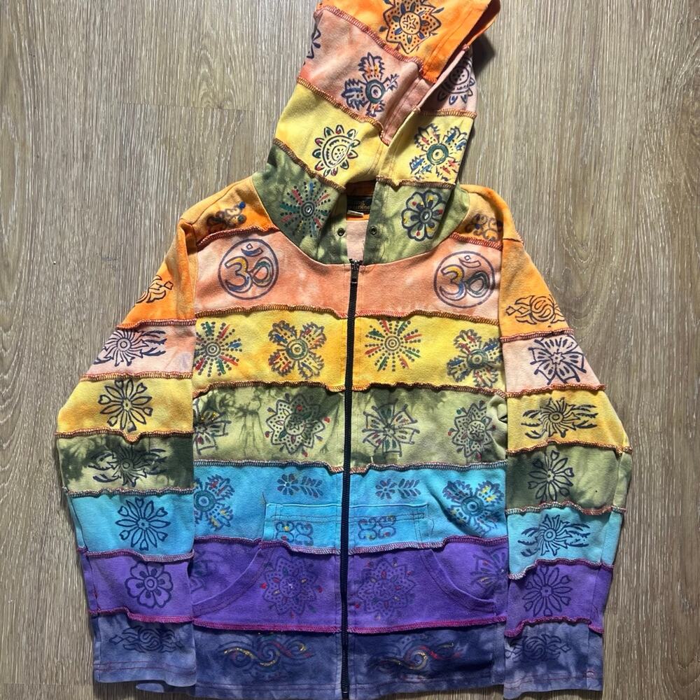 Rising International Patchwork Hoodie Jacket Boho Hippie Festival Size Medium